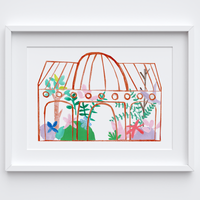 Illustrated hand drawn and painted umber botanical glasshouse art print by artist Holly Francesca.