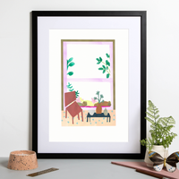 Illustrated art print, sitting by the window scene. Created from original drawings and paintings by artist Holly Francesca.
