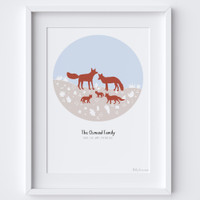 Personalised Fox Family Art Print illustration can come framed or unframed.