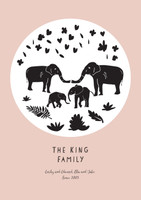 Personalised Elephant Family Art Print illustration can come framed or unframed.