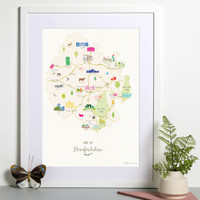 Illustrated hand drawn Map of Herefordshire art print by artist Holly Francesca. 