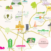 Illustrated hand drawn Map of Northamptonshire art print by artist Holly Francesca. 