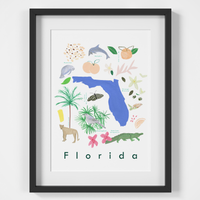 Illustrated Florida State Symbols Art Print Framed. Create with original paintings and drawings.