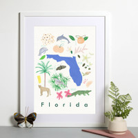 Illustrated Florida State Symbols Art Print Framed. Create with original paintings and drawings.