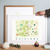 Illustrated Colorado State Map Art Print framed. Create with original paintings and drawings.