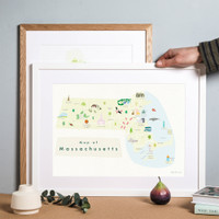 Illustrated Massachusetts State Map Art Print framed. Create with original paintings and drawings.