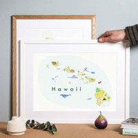 Illustrated Hawaii State Map Art Print framed. Create with original paintings and drawings.