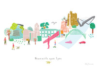 Illustrated hand drawn Newcastle Skyline Cityscape art print by artist Holly Francesca.