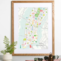 Illustrated hand drawn Map of New York City art print by artist Holly Francesca.