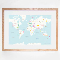 Illustrated hand drawn Map of the World art print by artist Holly Francesca.