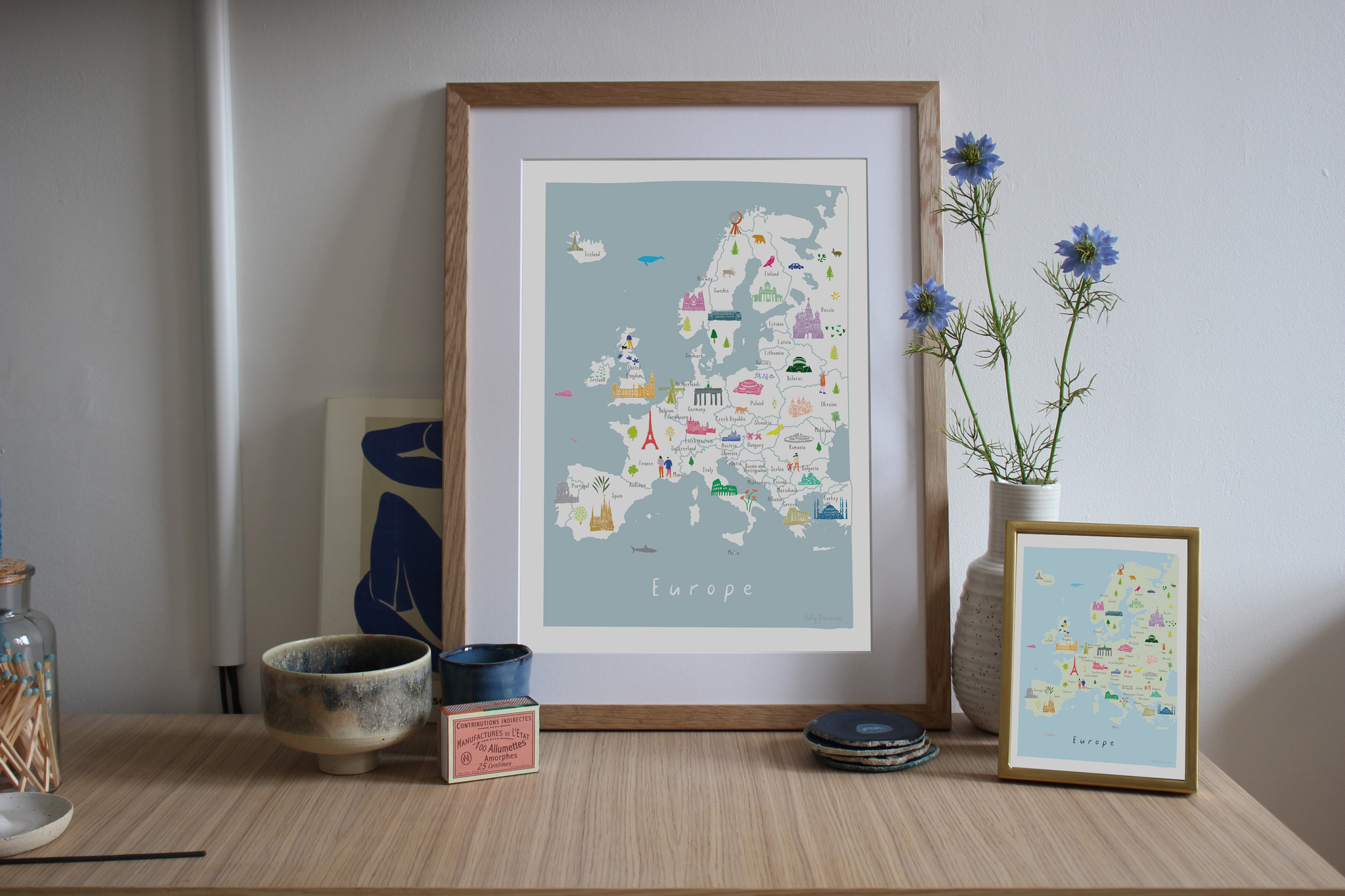 Illustrated hand drawn Map of Europe art print by artist Holly Francesca.