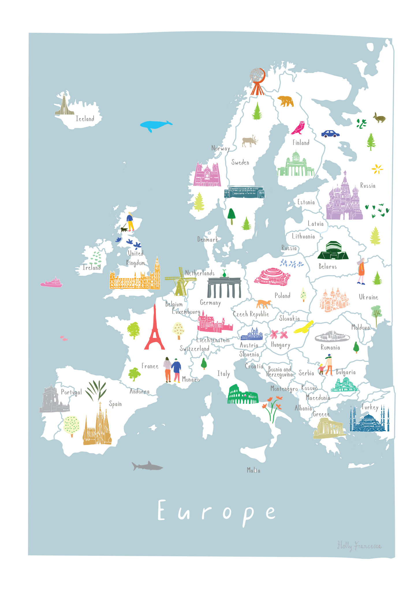 Illustrated hand drawn Map of Europe art print by artist Holly Francesca.