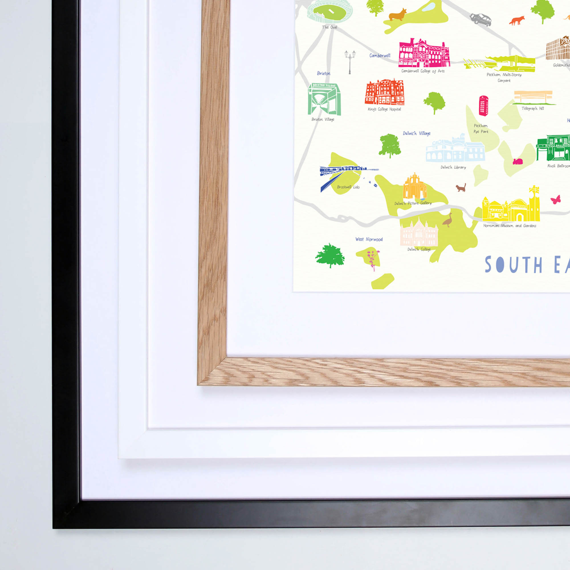 Illustrated hand drawn Map of South East London art print by artist