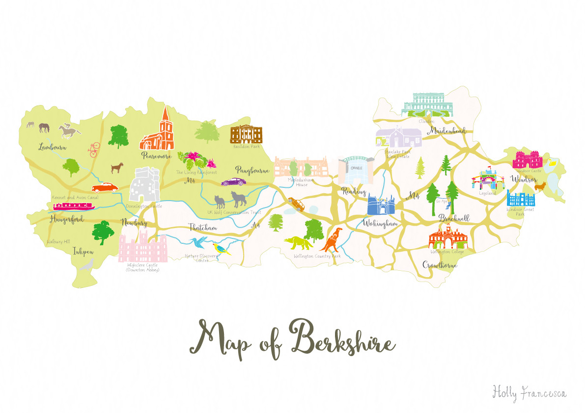 Illustrated hand drawn Map of Berkshire by UK artist Holly Francesca.