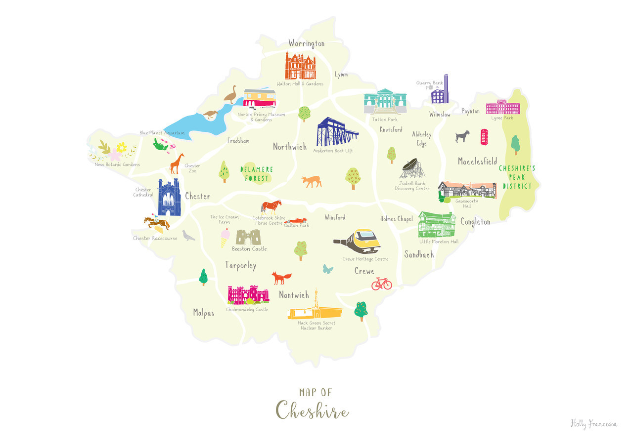 Illustrated hand drawn Map of Cheshire by UK artist Holly Francesca.