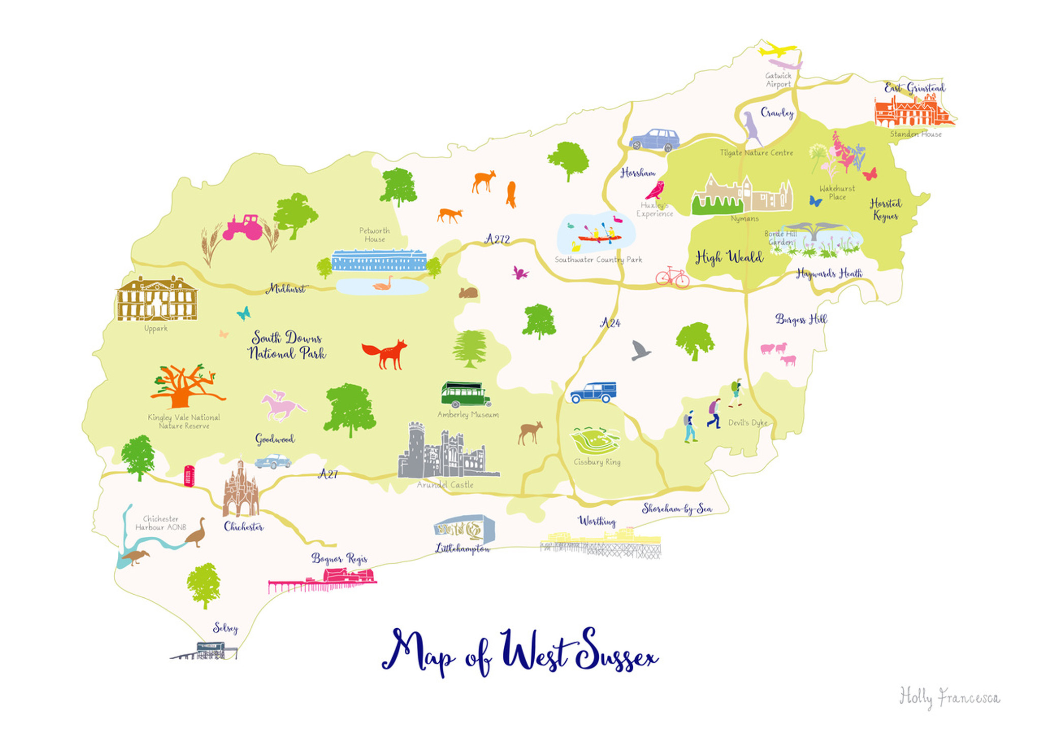 Illustrated hand drawn Map of West Sussex by UK artist Holly Francesca.