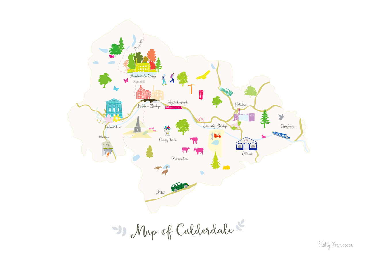 Illustrated hand drawn Map of Calderdale art print by artist Holly Francesca.
