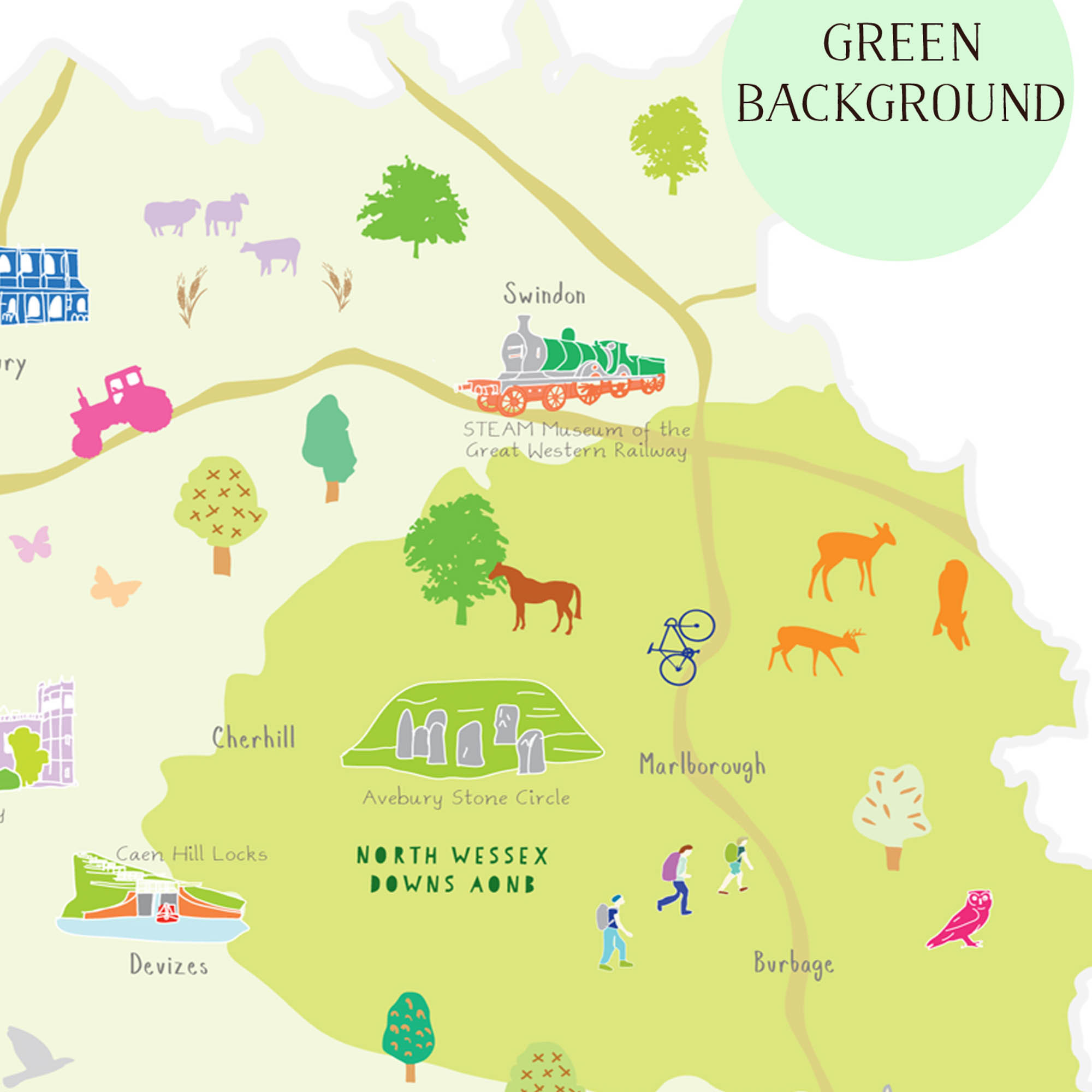 Illustrated hand drawn Map of Wiltshire by UK artist Holly Francesca.