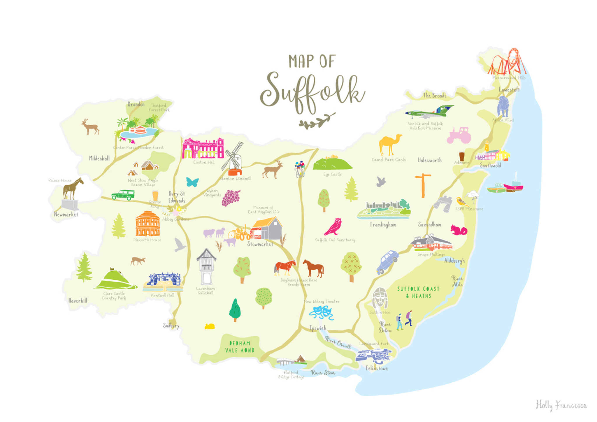 Illustrated hand drawn Map of Suffolk by UK artist Holly Francesca.