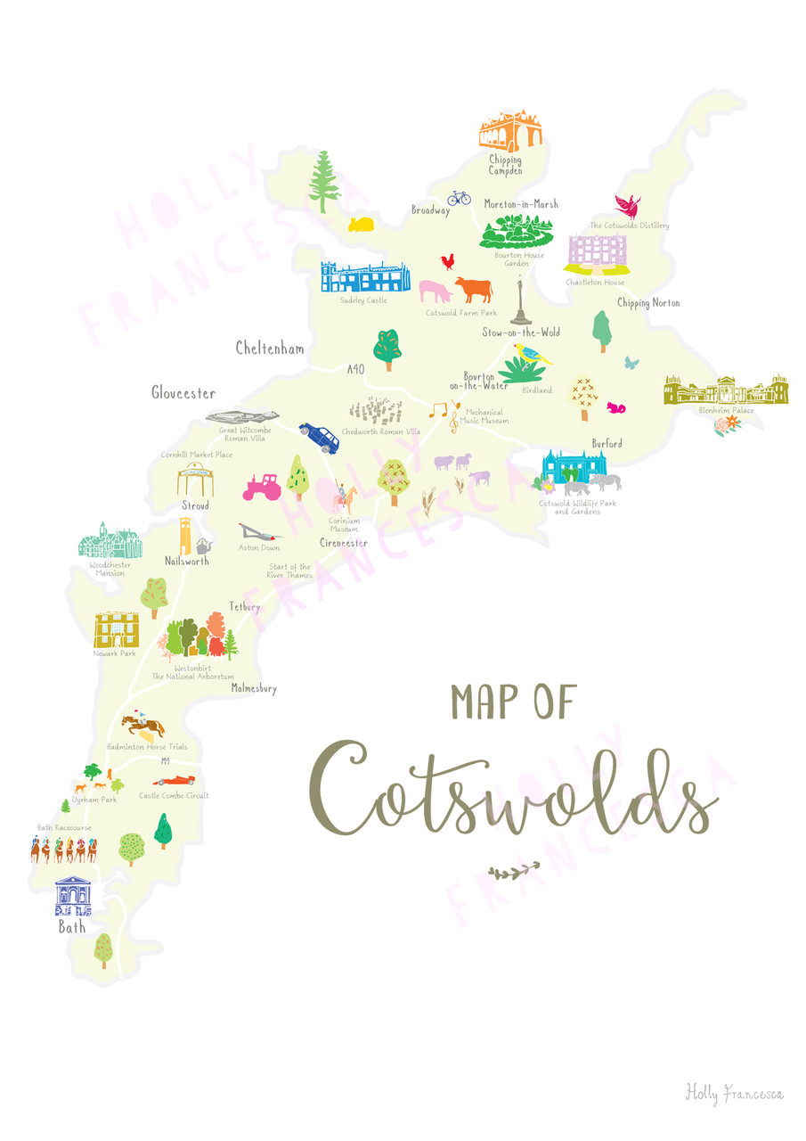 Illustrated hand drawn Map of The Cotswolds by UK artist Holly Francesca.