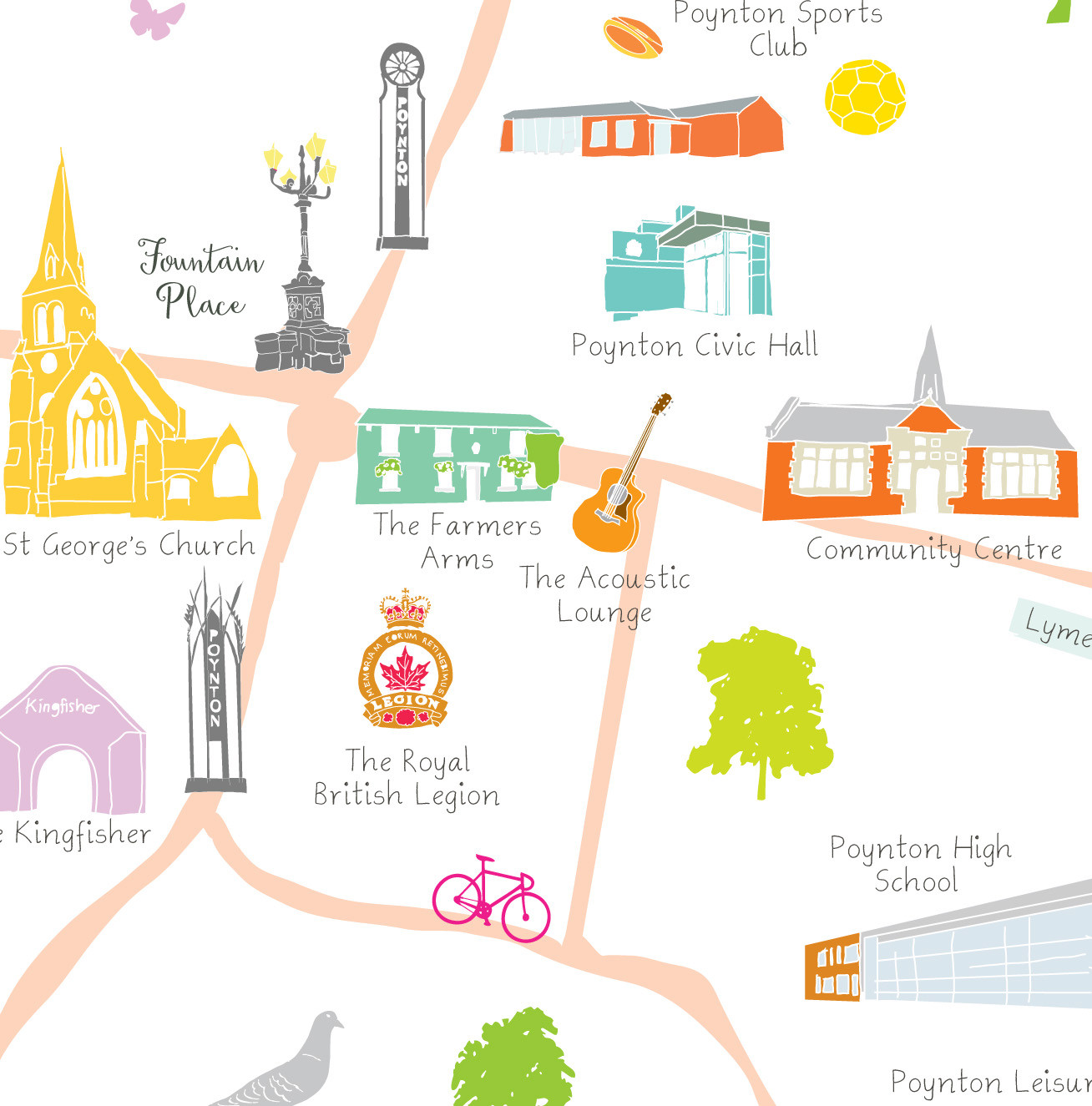 Illustrated hand drawn Map of Poynton, Cheshire art print by artist