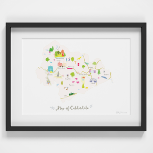 Map of Calderdale art print illustration framed by artist Holly Francesca