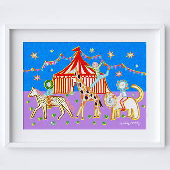 Magical circus at night kids art print in dreamy bold colours by Wakey Wakey. Created by UK Artist Holly Francesca.