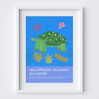 Giant Turtle, Galapogas Islands nursery art print in bright & bold colours by Wakey Wakey. Created by UK Artist Holly Francesca.