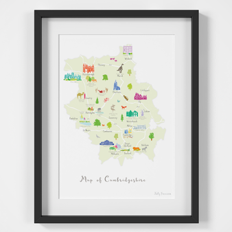 Illustrated hand drawn Map of Cambridgeshire art print by artist Holly Francesca.