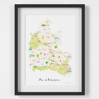 Illustrated hand drawn Map of Oxfordshire art print by artist Holly Francesca.