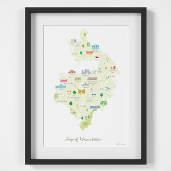 Illustrated hand drawn Map of Warwickshire art print by artist Holly Francesca.