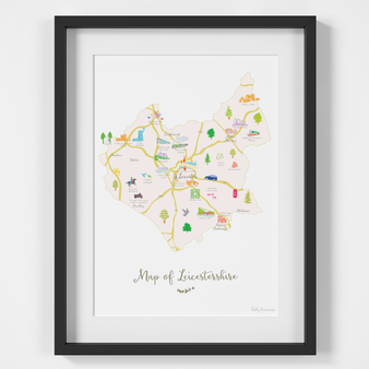 Illustrated hand drawn Map of Leicestershire art print by artist Holly Francesca.