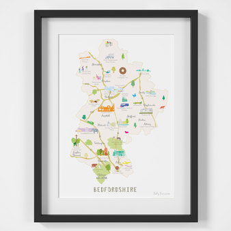 Illustrated hand drawn Map of Bedfordshire art print by artist Holly Francesca.