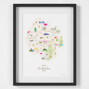 Illustrated hand drawn Map of Herefordshire art print by artist Holly Francesca.