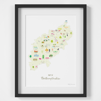 Illustrated hand drawn Map of Northamptonshire art print by artist Holly Francesca.