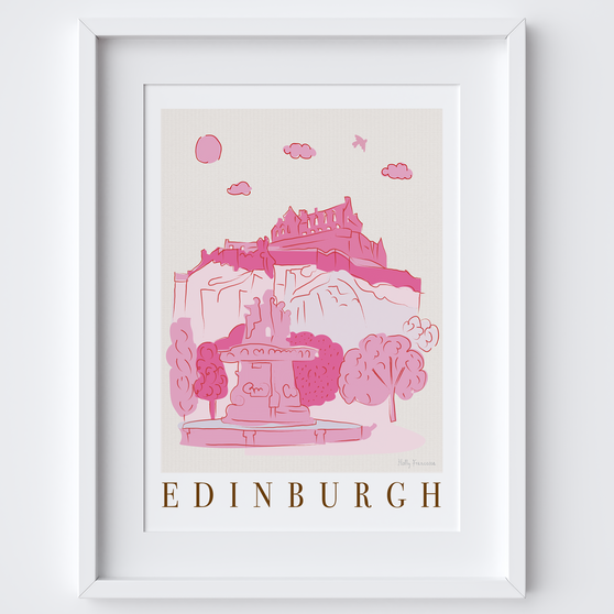Edinburgh, Scotland Pink Cityscape Scene Art Print by Illustrator Holly Francesca