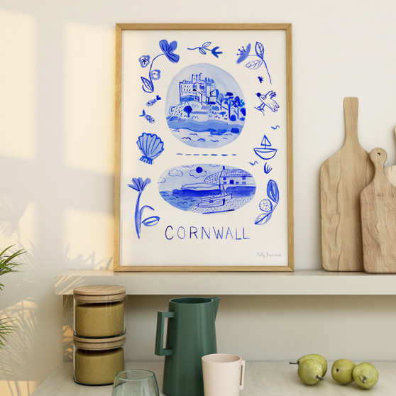 Cornwall Blue Portuguese 'Azulejo' tiles - Watercolour Painted Scene Art Print by Holly Francesca