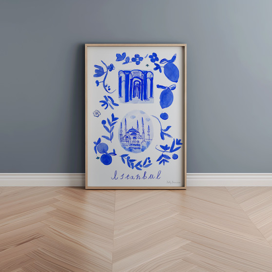 Istanbul in Turkey (Türkiye) Blue Portuguese 'Azulejo' tiles - Watercolour Painted Blue Mosque & the Basilica Cistern. As a Art Print by Holly Francesca