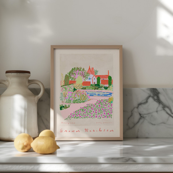 RHS Garden Bridgewater Painted Scene - Floral Facades Landmark Print  by UK artist & illustrator Holly Francesca