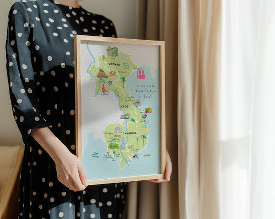 Map of Vietnam, Cambodia & Laos, South East Asia Art Print by UK Artist Holly Francesca Map of Vietnam, Cambodia & Laos, South East Asia Art Print by UK Artist Holly Francesca