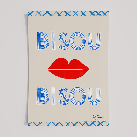 Bisou Bisou - French Greeting Poster - Hand drawn Art Print by Holly Francesca