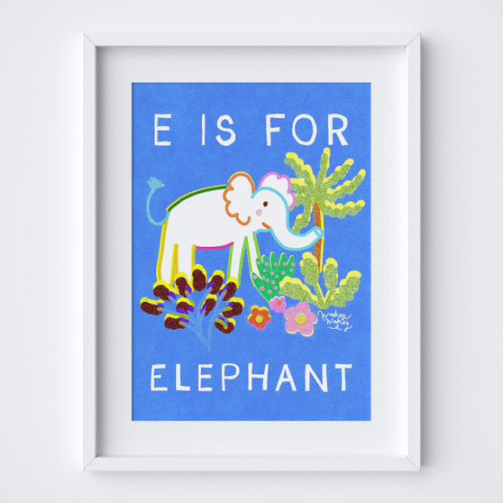 Cute E is for elephant nursery art print in bright & bold colours by Wakey Wakey. Created by UK Artist Holly Francesca.