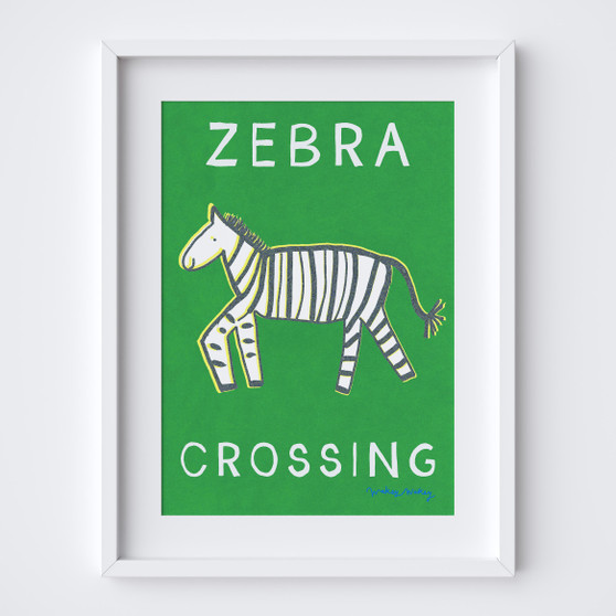 Fun Zebra Crossing nursery art print in bright & bold colours by Wakey Wakey. Created by UK Artist Holly Francesca.