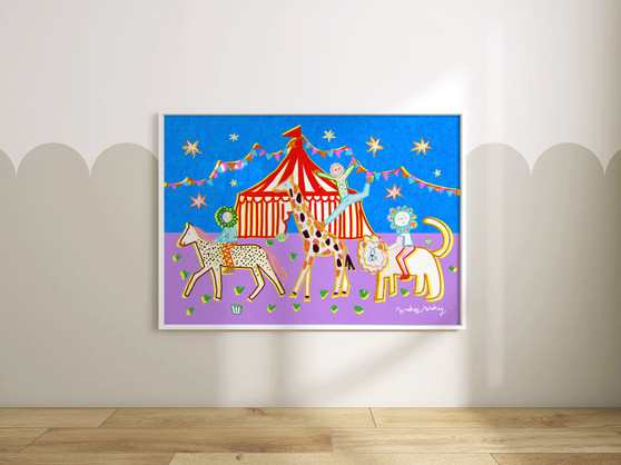 Magical circus at night kids art print in dreamy bold colours by Wakey Wakey. Created by UK Artist Holly Francesca.