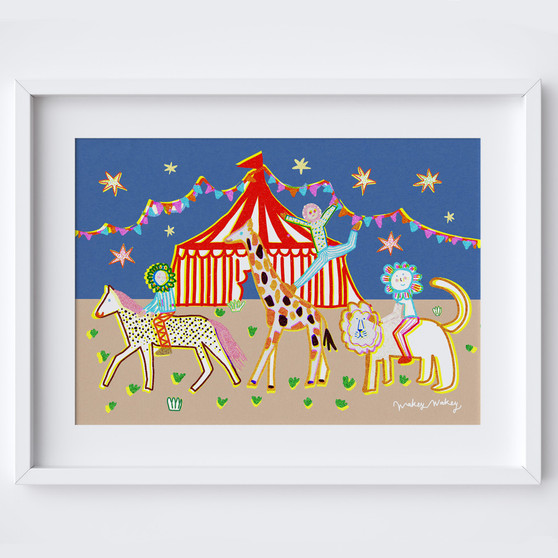 Magical circus at night kids art print in bold colours by Wakey Wakey. Created by UK Artist Holly Francesca.
