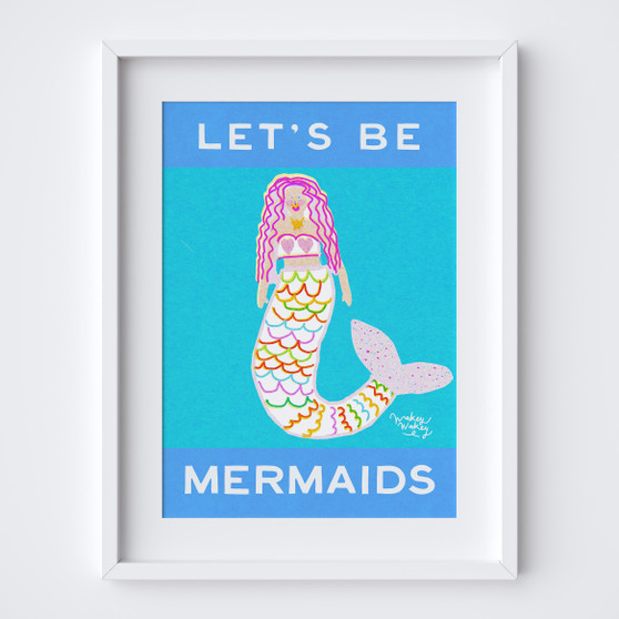 Fun mermaids kids art print in bold colours by Wakey Wakey. Created by UK Artist Holly Francesca.