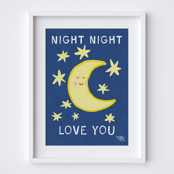 Enchanting 'Night Night Love You' kids art print in bold colours by Wakey Wakey. Created by UK Artist Holly Francesca.
