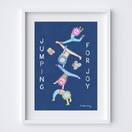 Charming Kids Jumping for Joy art print in bright & bold colours by Wakey Wakey. Created by UK Artist Holly Francesca.