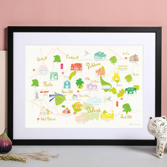 Illustrated hand drawn Map of Dulwich, Brixton and Peckham art print by artist Holly Francesca.