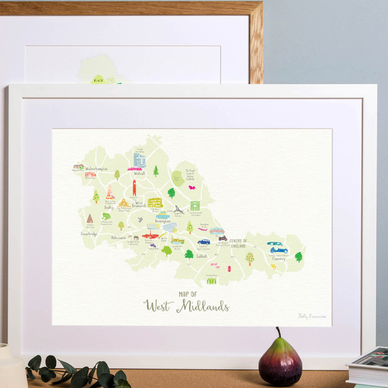 Illustrated hand drawn Map of West Midlands art print by artist Holly Francesca.